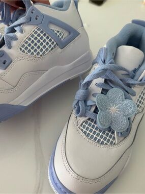 Jordan Kids White and Light Blue Sneakers with Floral Lace Charm